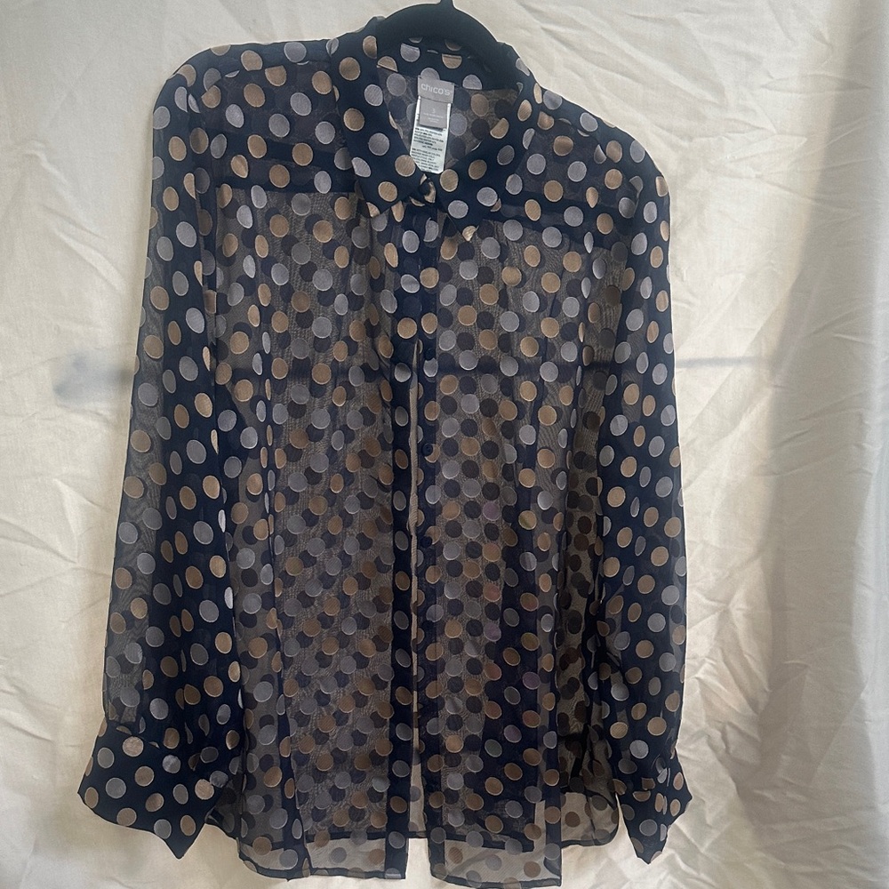 Chico's Navy and Gold Polka Dot Sheer Blouse